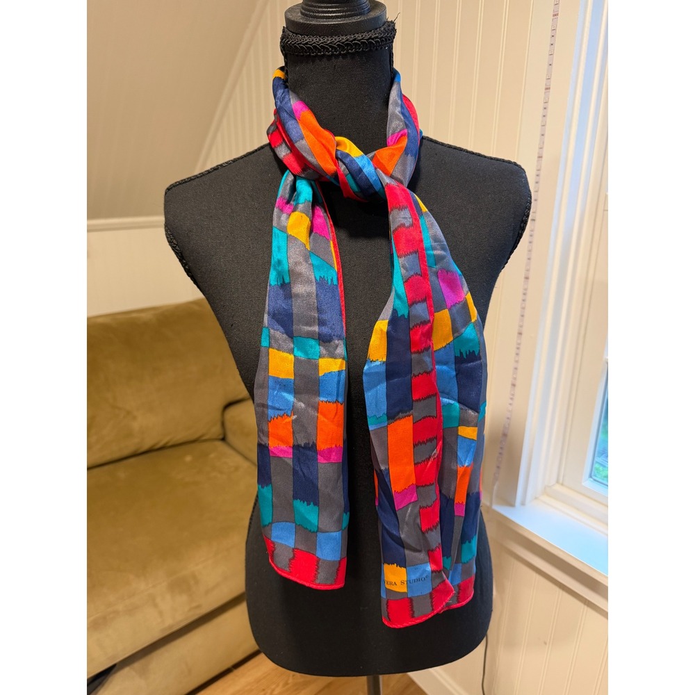 Vintage The Vera Studio Silk Scarf Abstract Geometric Colorblock Multi Oblong